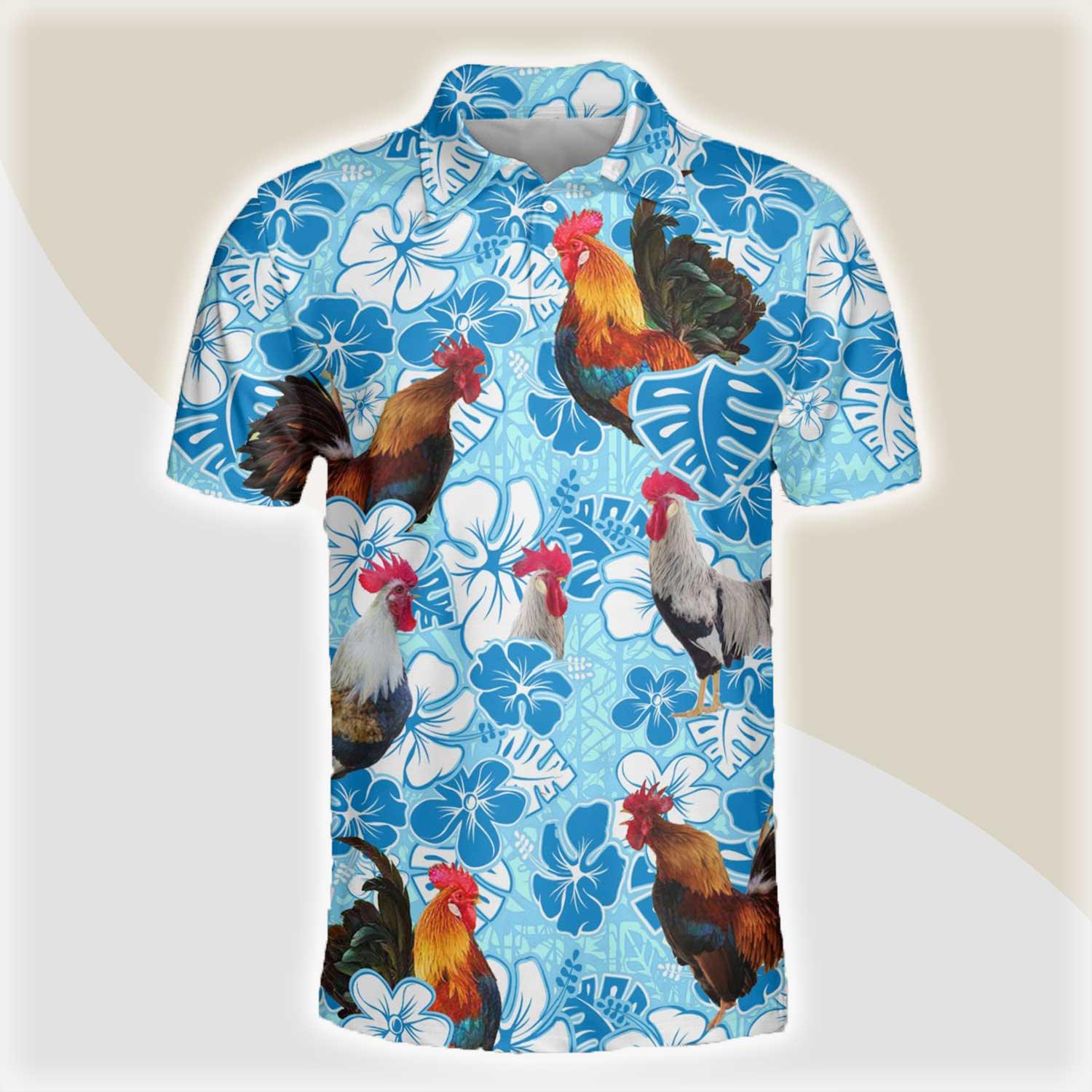 Chicken Men Polo Shirts - Chicken Blue Floral Pattern Button Shirts For Men - Perfect Gift For Chicken Lovers, Animal Lovers - Amzanimalsgift
