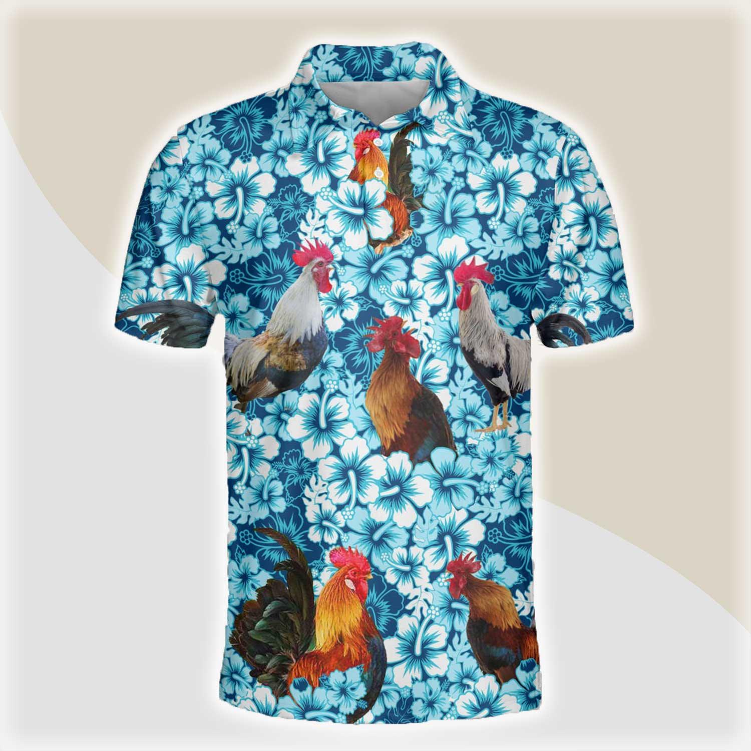 Chicken Men Polo Shirts - Chicken Blue Hibiscus Pattern Button Shirts For Men - Perfect Gift For Chicken Lovers, Animal Lovers - Amzanimalsgift