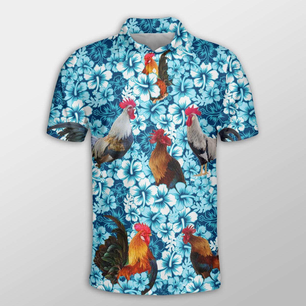 Chicken Men Polo Shirts - Chicken Blue Hibiscus Pattern Button Shirts For Men - Perfect Gift For Chicken Lovers, Animal Lovers - Amzanimalsgift