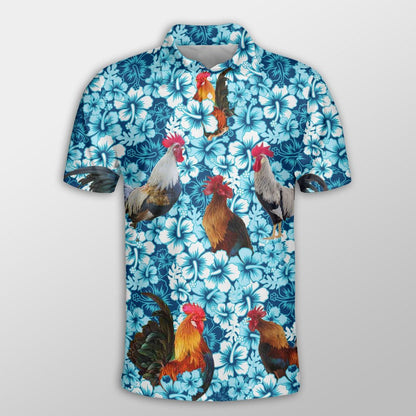 Chicken Men Polo Shirts - Chicken Blue Hibiscus Pattern Button Shirts For Men - Perfect Gift For Chicken Lovers, Animal Lovers - Amzanimalsgift