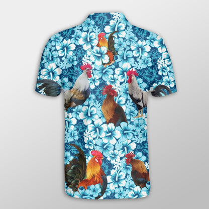 Chicken Men Polo Shirts - Chicken Blue Hibiscus Pattern Button Shirts For Men - Perfect Gift For Chicken Lovers, Animal Lovers - Amzanimalsgift