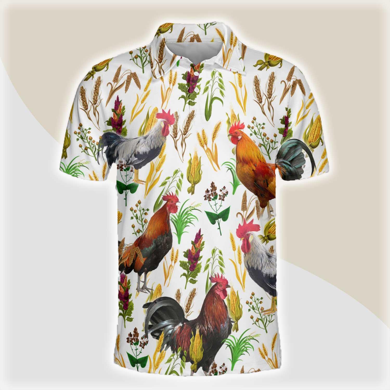 Chicken Men Polo Shirts - Chicken Farm Wheat Pattern Button Shirts For Men - Perfect Gift For Chicken Lovers, Animal Lovers - Amzanimalsgift