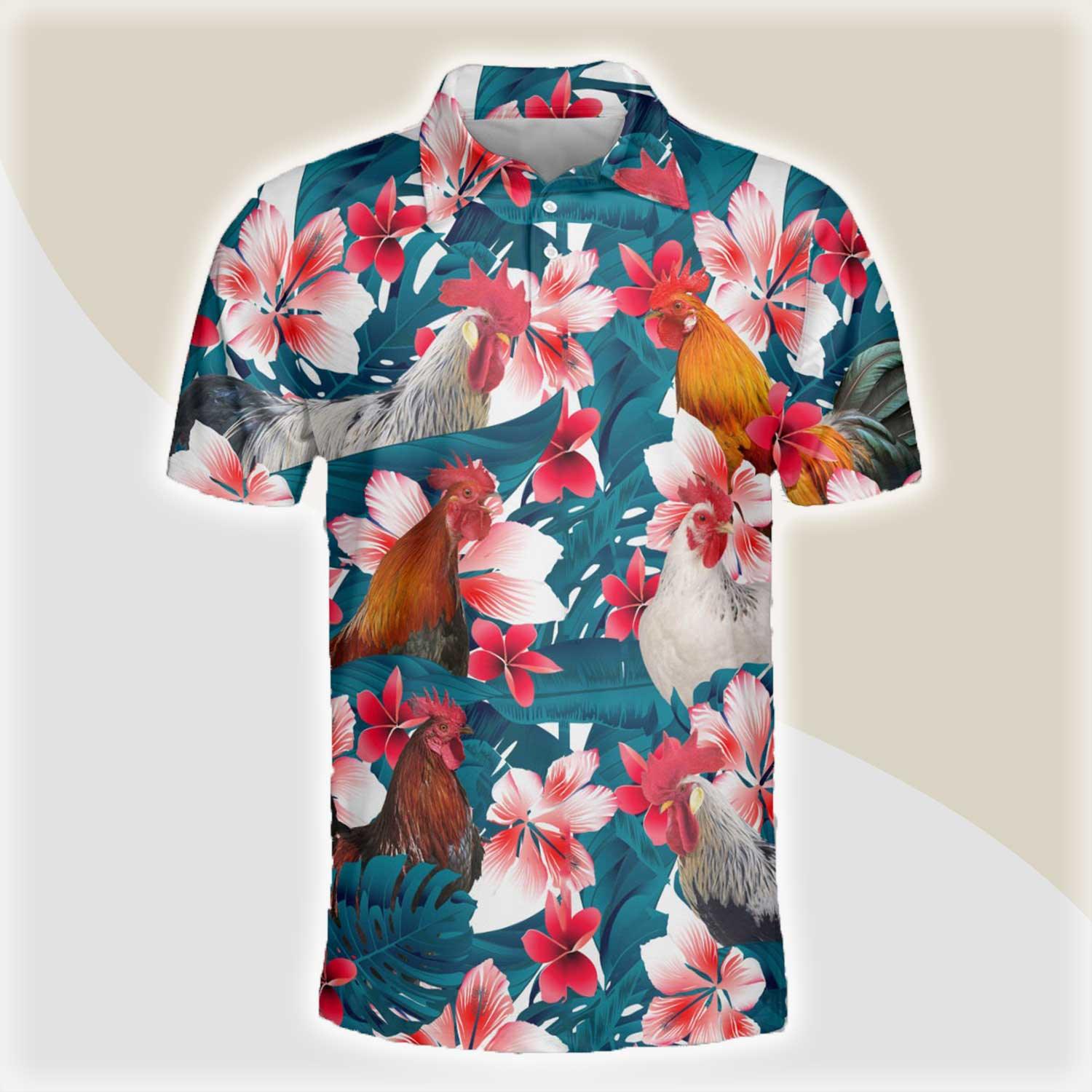 Chicken Men Polo Shirts - Chicken Tropical Floral Pattern Farm Lovers Button Shirts For Men - Perfect Gift For Chicken Lovers, Animal Lovers - Amzanimalsgift