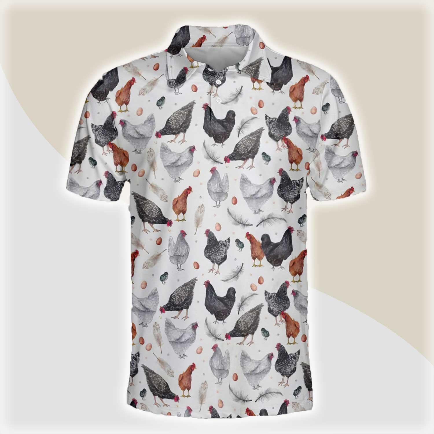 Chicken Men Polo Shirts - Chicken With Egg & Feathers Button Shirts For Men - Perfect Gift For Chicken Lovers, Animal Lovers - Amzanimalsgift