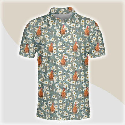 Chicken Men Polo Shirts For Summer - Chicken Camomilles Flower Grey Pattern Button Shirts For Men - Perfect Gift For Chicken Lovers, Animal Lovers - Amzanimalsgift
