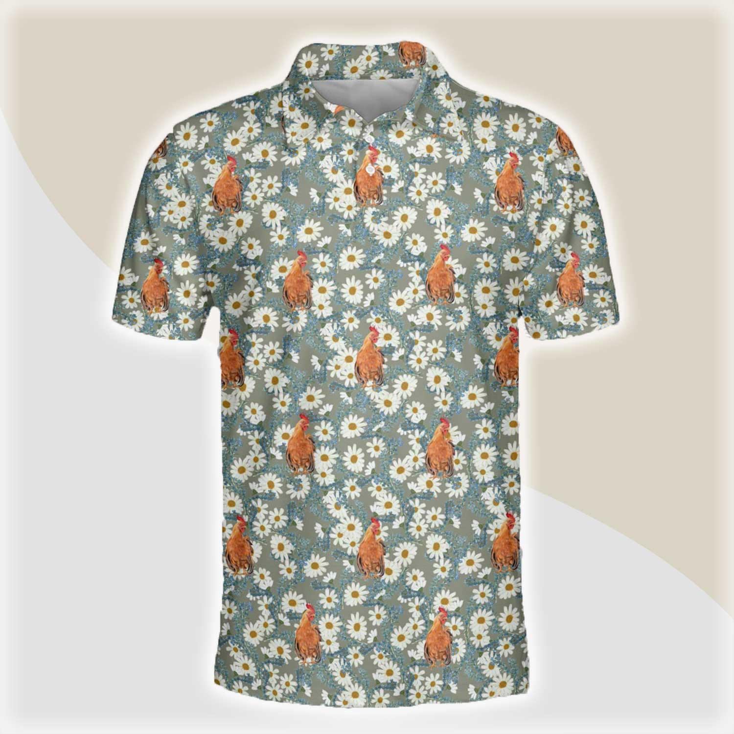 Chicken Men Polo Shirts For Summer - Chicken Camomilles Flower Grey Pattern Button Shirts For Men - Perfect Gift For Chicken Lovers, Animal Lovers - Amzanimalsgift