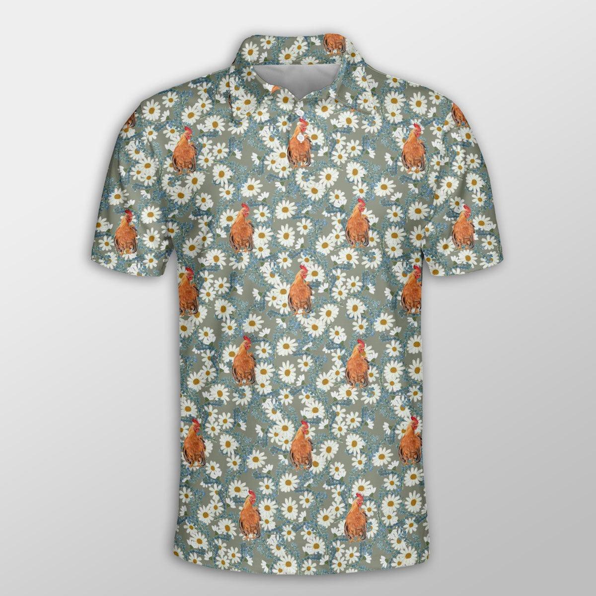 Chicken Men Polo Shirts For Summer - Chicken Camomilles Flower Grey Pattern Button Shirts For Men - Perfect Gift For Chicken Lovers, Animal Lovers - Amzanimalsgift