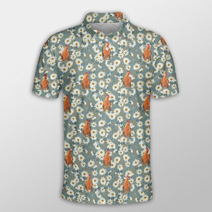 Chicken Men Polo Shirts For Summer - Chicken Camomilles Flower Grey Pattern Button Shirts For Men - Perfect Gift For Chicken Lovers, Animal Lovers - Amzanimalsgift