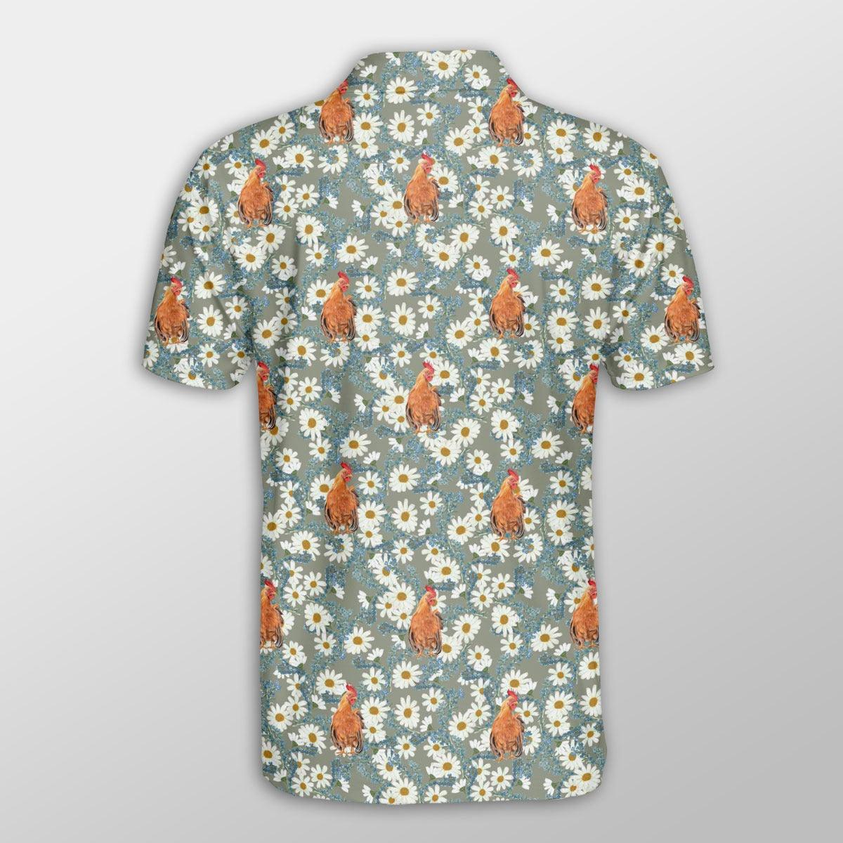 Chicken Men Polo Shirts For Summer - Chicken Camomilles Flower Grey Pattern Button Shirts For Men - Perfect Gift For Chicken Lovers, Animal Lovers - Amzanimalsgift