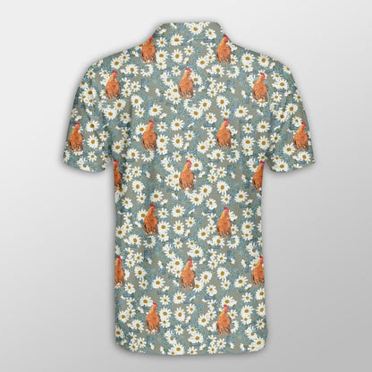 Chicken Men Polo Shirts For Summer - Chicken Camomilles Flower Grey Pattern Button Shirts For Men - Perfect Gift For Chicken Lovers, Animal Lovers - Amzanimalsgift