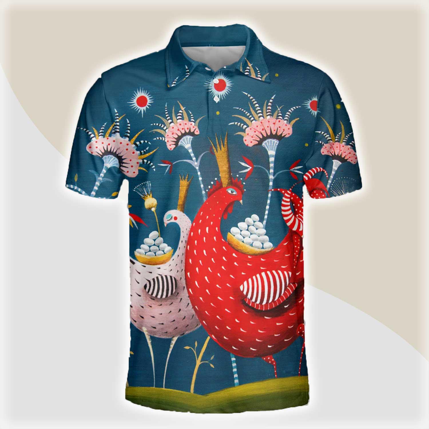 Chicken Men Polo Shirts For Summer - Chicken Cartoon Pattern Button Shirts For Men - Perfect Gift For Chicken Lovers, Animal Lovers - Amzanimalsgift