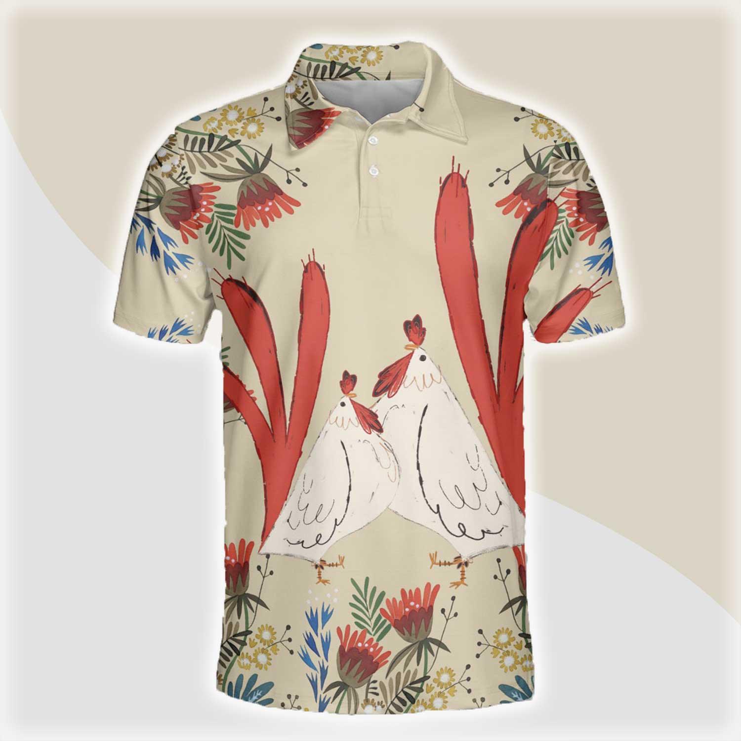 Chicken Men Polo Shirts For Summer - Chicken Flower Art Pattern Button Shirts For Men - Perfect Gift For Chicken Lovers, Animal Lovers - Amzanimalsgift