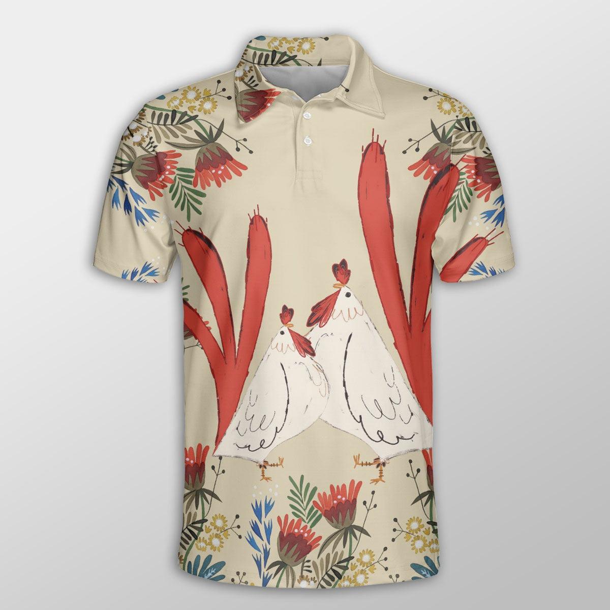 Chicken Men Polo Shirts For Summer - Chicken Flower Art Pattern Button Shirts For Men - Perfect Gift For Chicken Lovers, Animal Lovers - Amzanimalsgift
