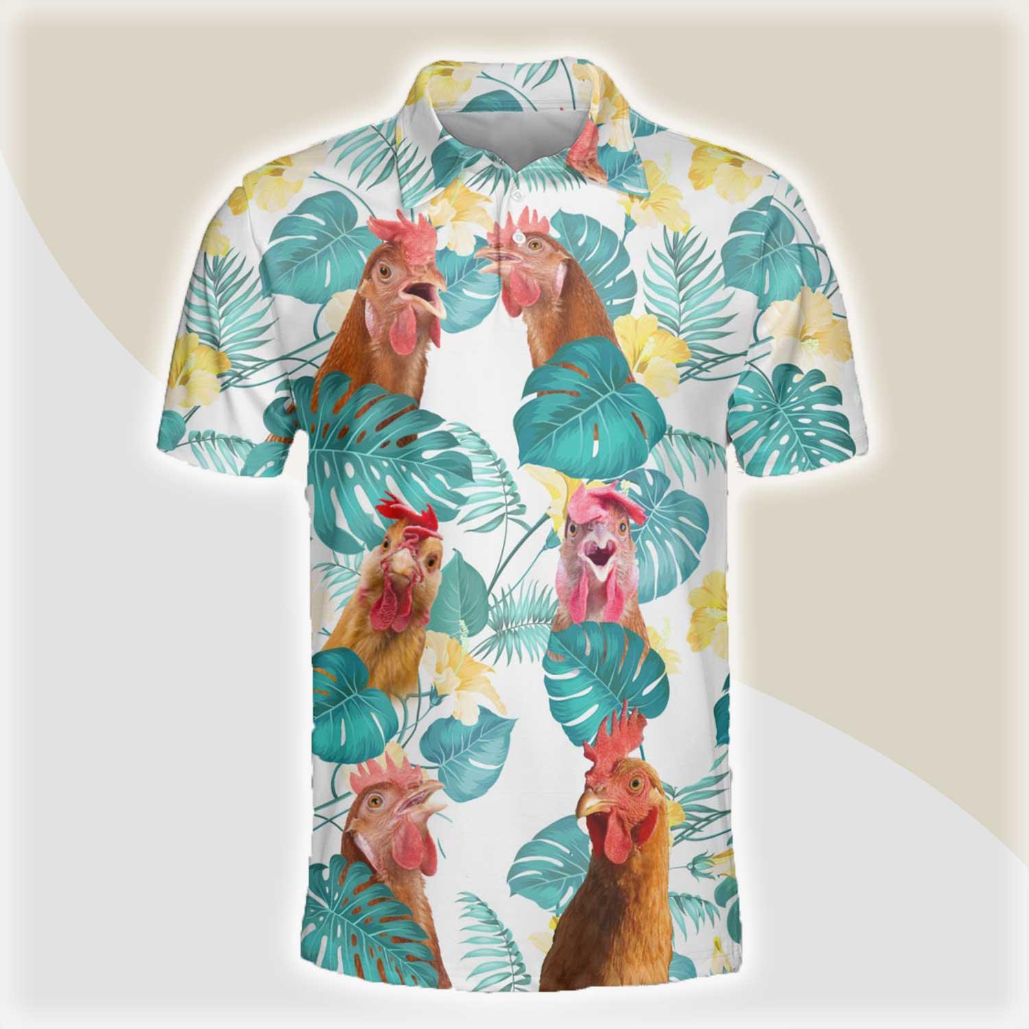 Chicken Men Polo Shirts For Summer - Chicken In Tropical Leaves Pattern Button Shirts For Men - Perfect Gift For Chicken Lovers, Animal Lovers - Amzanimalsgift