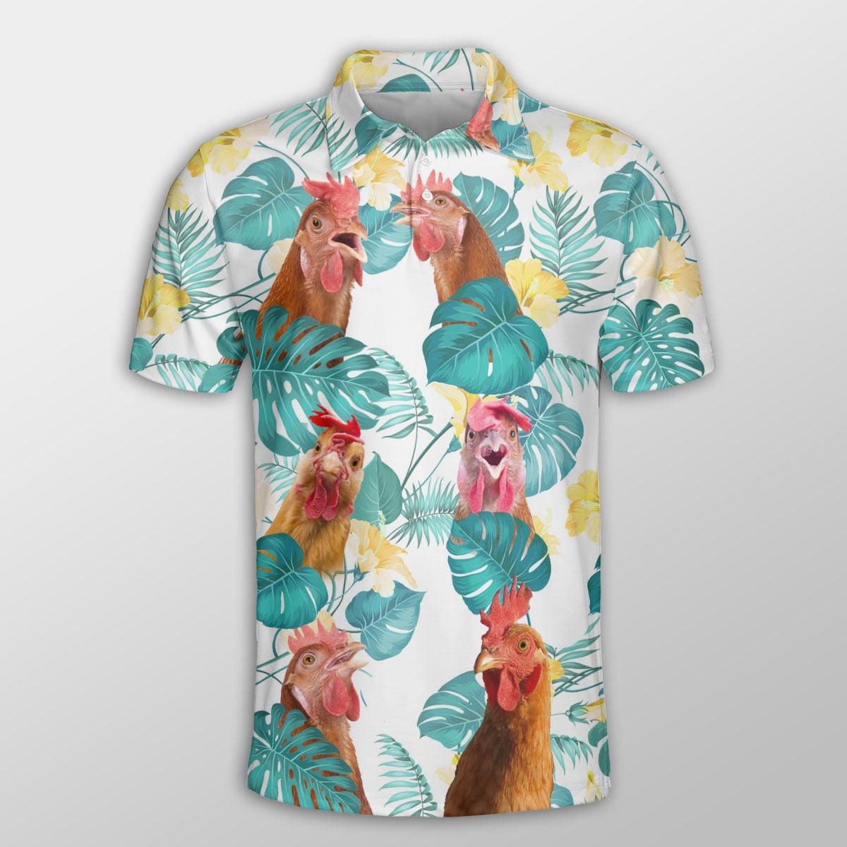 Chicken Men Polo Shirts For Summer - Chicken In Tropical Leaves Pattern Button Shirts For Men - Perfect Gift For Chicken Lovers, Animal Lovers - Amzanimalsgift