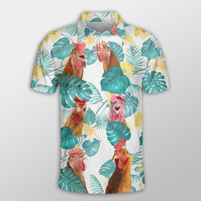 Chicken Men Polo Shirts For Summer - Chicken In Tropical Leaves Pattern Button Shirts For Men - Perfect Gift For Chicken Lovers, Animal Lovers - Amzanimalsgift