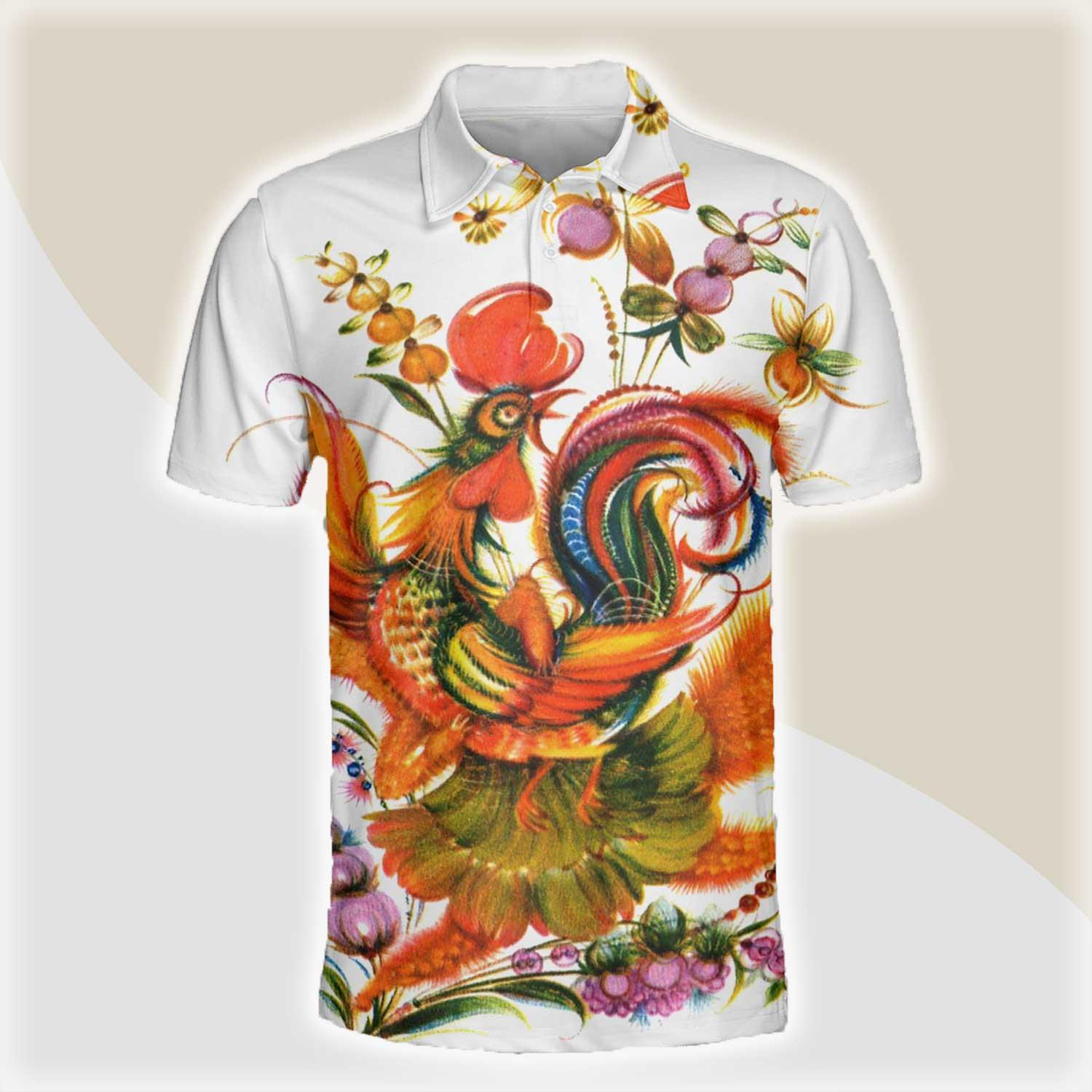Chicken Men Polo Shirts For Summer - Chicken Painting Pattern Button Shirts For Men - Perfect Gift For Chicken Lovers, Animal Lovers - Amzanimalsgift