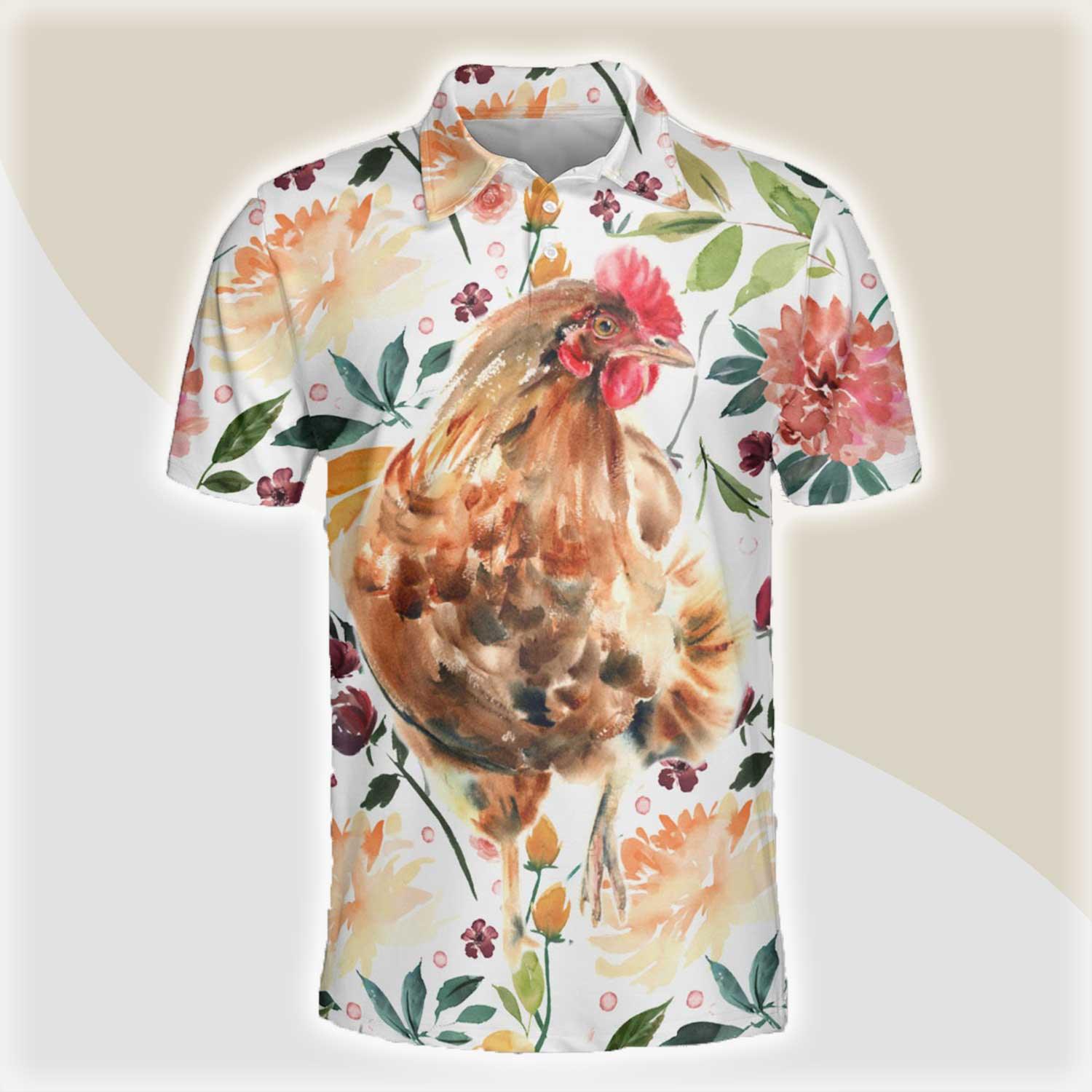 Chicken Men Polo Shirts For Summer - Chicken Tropical Flower Pattern Button Shirts For Men - Perfect Gift For Chicken Lovers, Animal Lovers - Amzanimalsgift