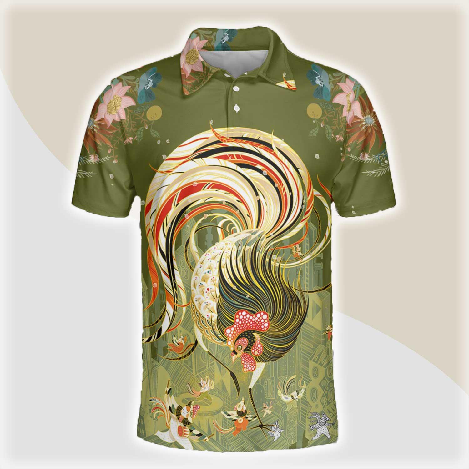 Chicken Men Polo Shirts For Summer - Chicken Watercolor Flower Pattern Button Shirts For Men - Perfect Gift For Chicken Lovers, Animal Lovers - Amzanimalsgift
