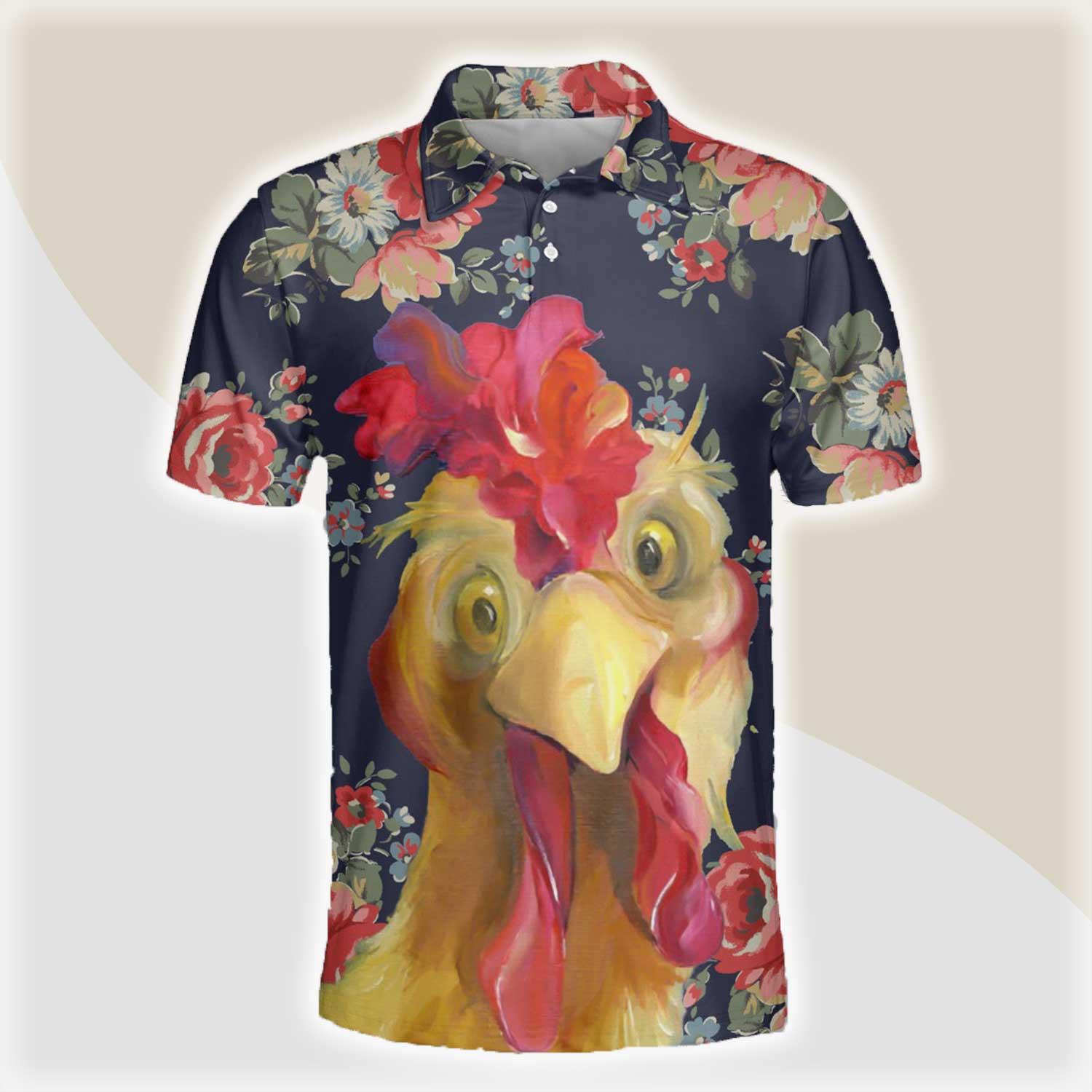 Chicken Men Polo Shirts For Summer - Funny Rooster Tropical Floral Pattern Button Shirts For Men - Perfect Gift For Chicken Lovers, Animal Lovers - Amzanimalsgift