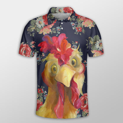 Chicken Men Polo Shirts For Summer - Funny Rooster Tropical Floral Pattern Button Shirts For Men - Perfect Gift For Chicken Lovers, Animal Lovers - Amzanimalsgift