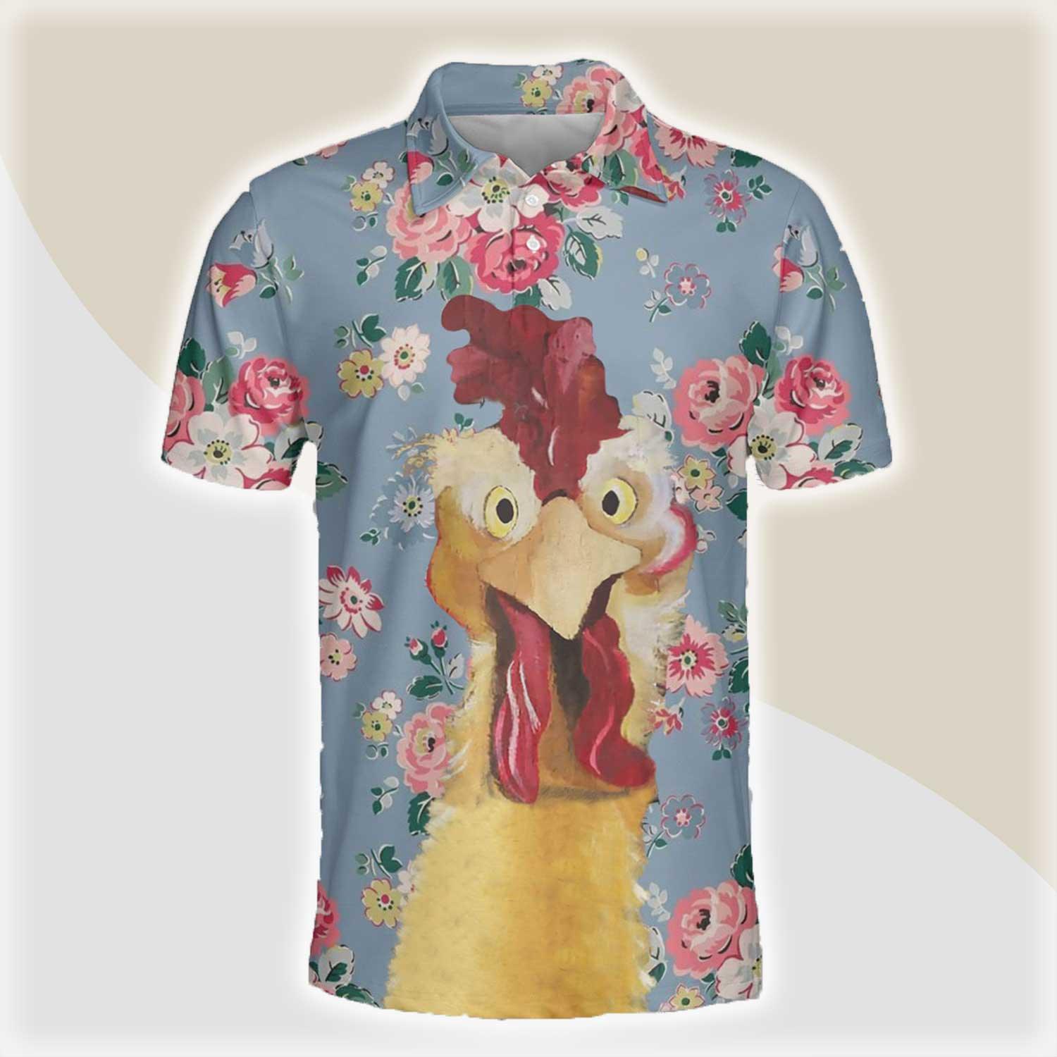 Chicken Men Polo Shirts For Summer - Rooster Floral Pattern Button Shirts For Men - Perfect Gift For Chicken Lovers, Animal Lovers - Amzanimalsgift