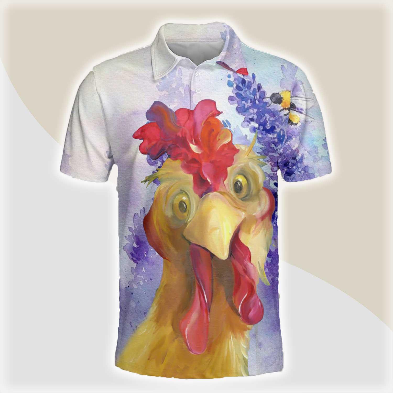 Chicken Men Polo Shirts For Summer - Rooster Purple Flower Pattern Button Shirts For Men - Perfect Gift For Chicken Lovers, Animal Lovers - Amzanimalsgift