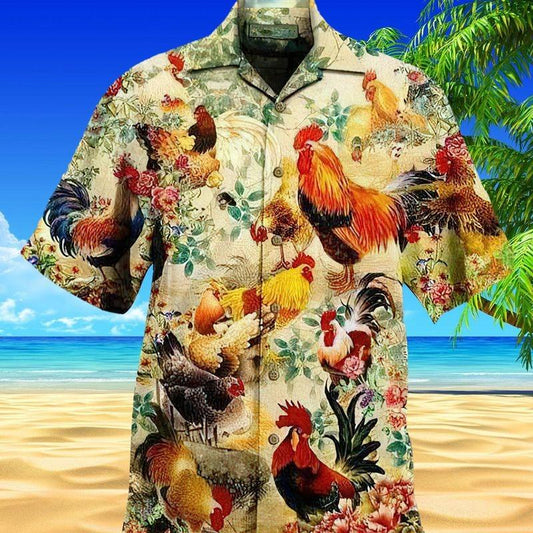 Chicken Rooster Aloha Hawaiian Shirt - Colorful Chicken Rooster Hawaiian Shirt, Flower Garden Farmer Hawaiian Shirt For Men & Women, Rooster Lover - Amzanimalsgift