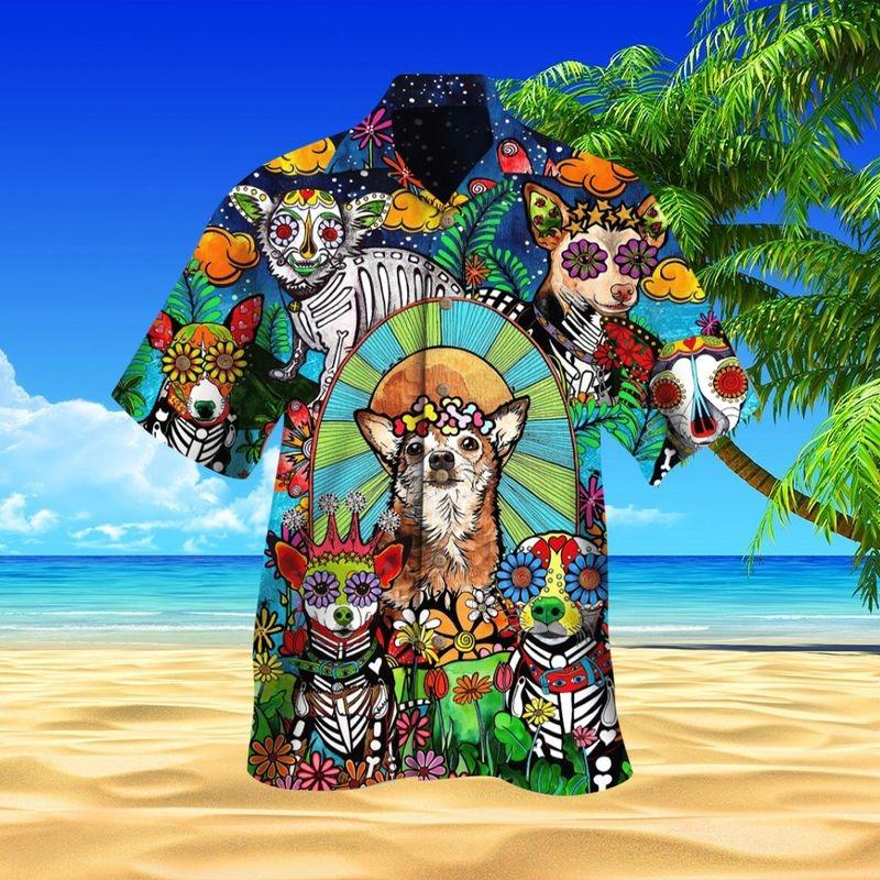 Chihuahua Aloha Hawaiian Shirt - Cute Chihuahua Sugar Skull Hawaiian Shirt, Chihuahua Hippie Hawaiian Shirt For Men & Women, Chihuahua Lover - Amzanimalsgift