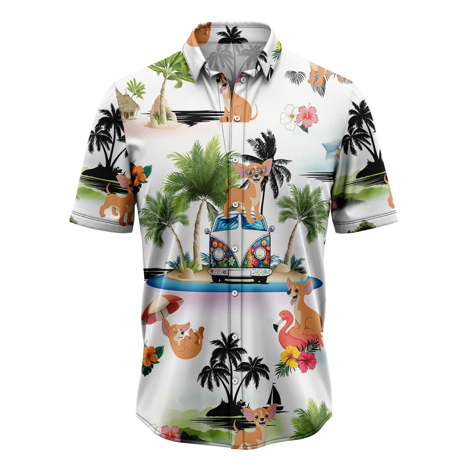Chihuahua Hawaiian Shirt, Chihuahua Hippie Car Palm Vacation Aloha Shirt For Men Women - Perfect Gift For Dog Lovers, Husband, Boyfriend, Friend, Wife - Amzanimalsgift