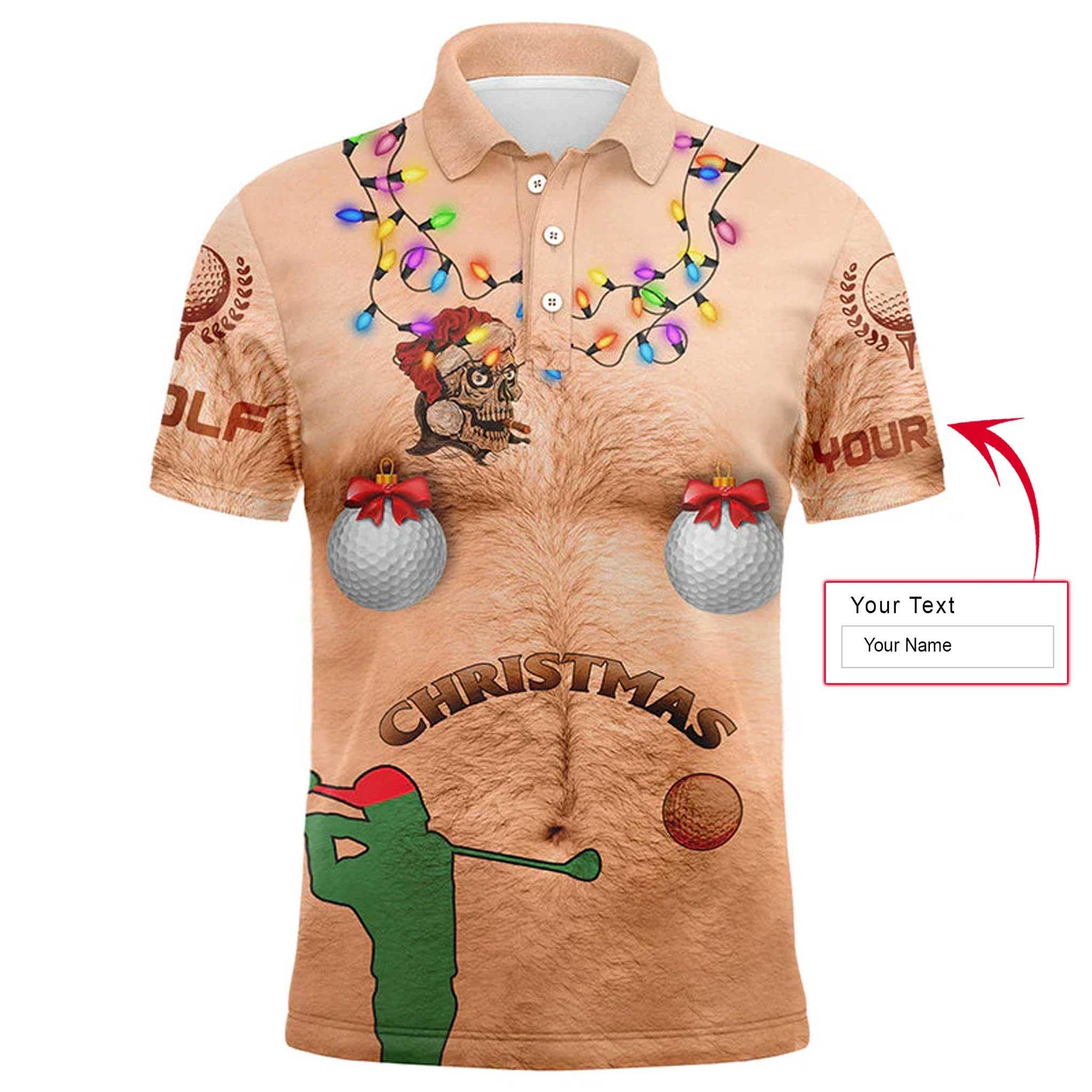 Christmas Golf Men Polo Shirt - Custom Name Funny Hairy Chest Ugly Apparel - Personalized Gift For Golf Lover, Men, Team, Husband, Boyfriend - Amzanimalsgift