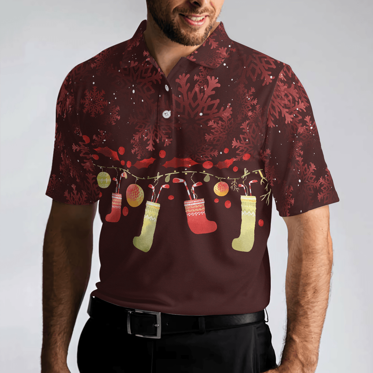 Christmas Golf Polo Shirts - Red Christmas Pattern Shirt Dry Fit Men Golf Polo Shirt - Perfect Christmas Polo Shirt For Men, Golfers - Amzanimalsgift