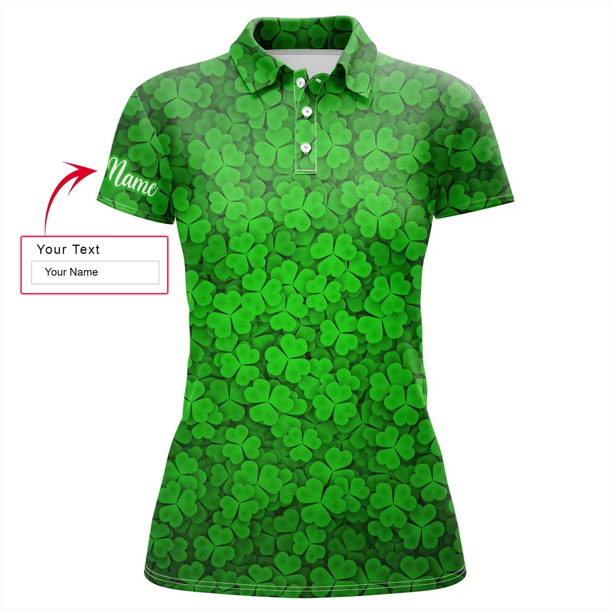 Clover Custom Name Women Polo Shirt, Green Clover St Patrick Pattern Personalized Golf Women Polo Shirts, Perfect Gift For Ladies, Women - Amzanimalsgift