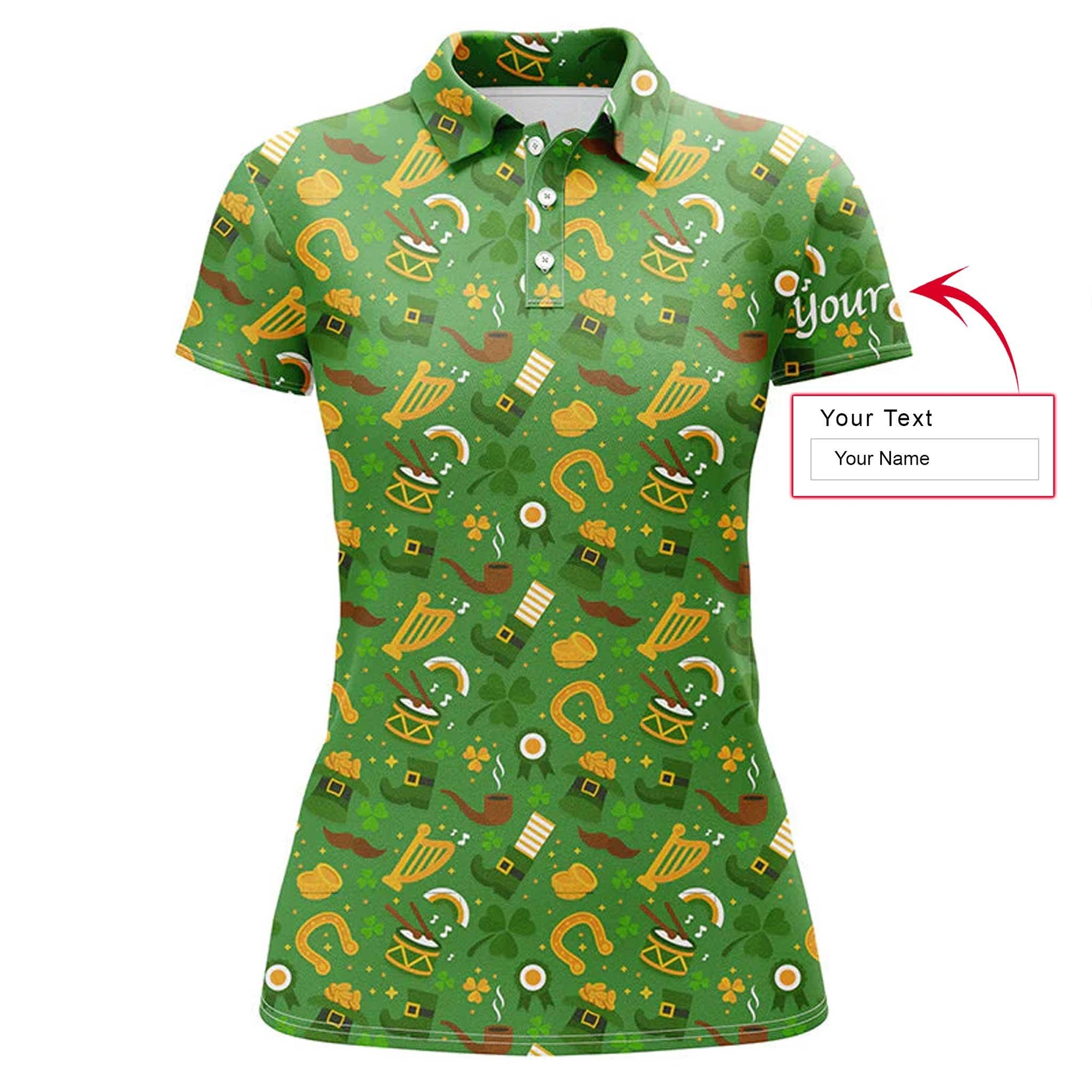 Clover Custom Name Women Polo Shirt, Saint Patrick's Day Green Pattern Personalized Golf Women Polo Shirts, Perfect Gift For Ladies, Women - Amzanimalsgift