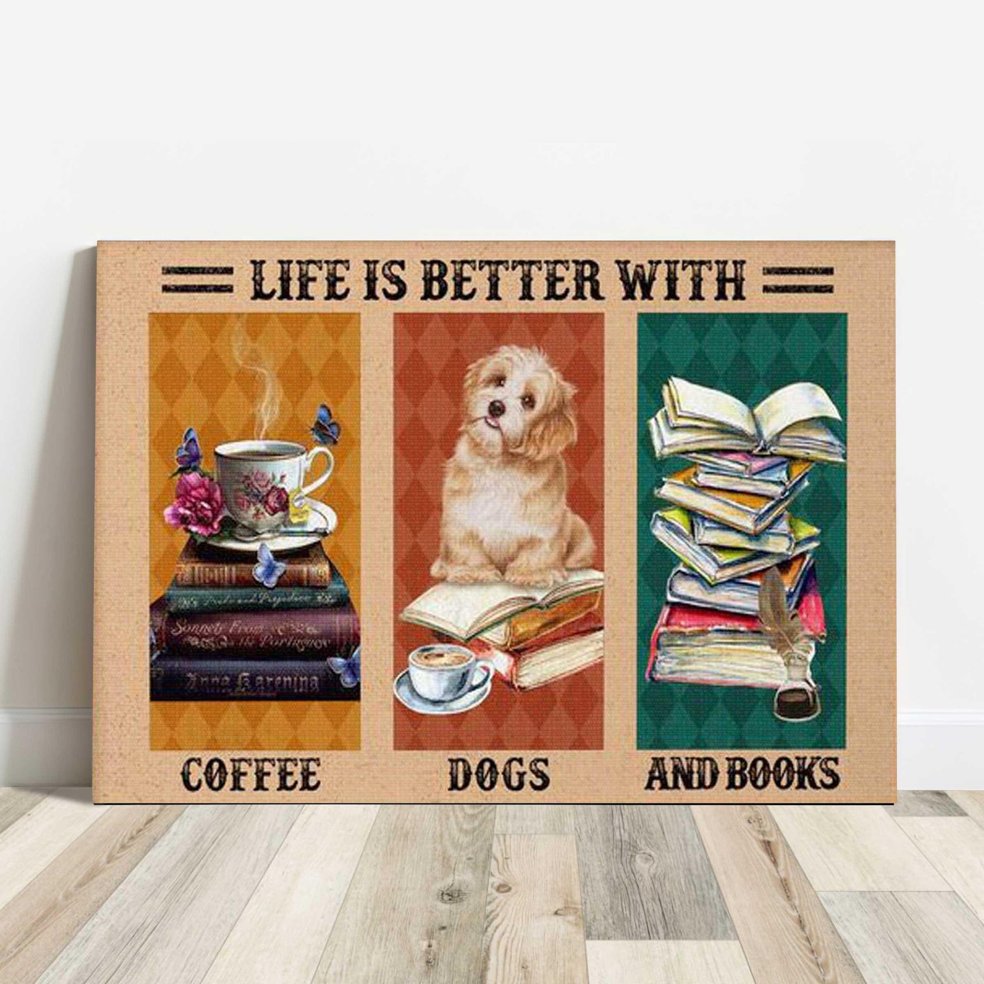 Coffee Dogs And Book Landscape Canvas, Life Is Better With Coffee Dogs And Books Canvas - Perfect Gift For Dog Lover, Coffee, Book Lover - Amzanimalsgift