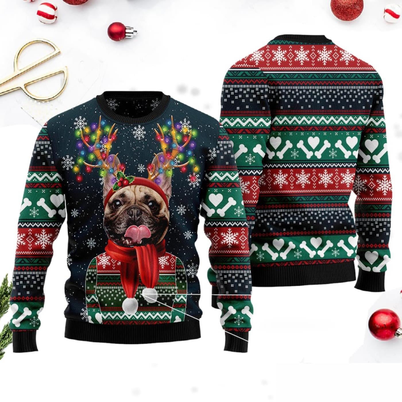 French Bulldog Ugly Christmas Sweater, Christmas Light Ugly Sweater For Men & Women - Best Gift For Christmas, Friends, French Bulldog Lovers