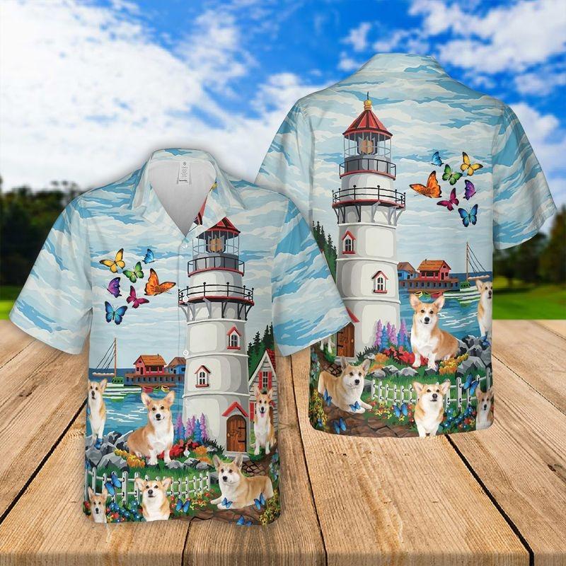 Corgi Aloha Hawaiian Shirt - Lighthouse Peaceful Beach Art Beach Hawaiian Shirt, Corgi Beach Hawaiian Shirt For Men & Women, Corgi Lover - Amzanimalsgift