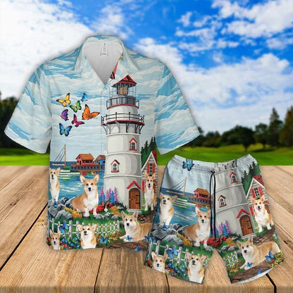 Corgi Aloha Hawaiian Shirt - Lighthouse Peaceful Beach Art Beach Hawaiian Shirt, Corgi Beach Hawaiian Shirt For Men & Women, Corgi Lover - Amzanimalsgift