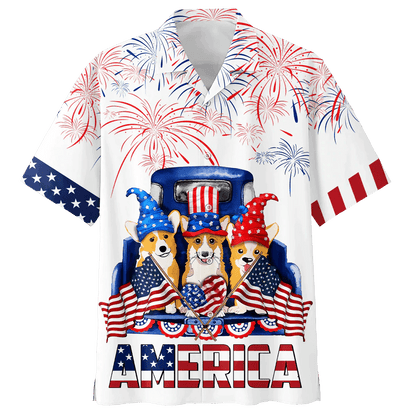 Corgi Aloha Hawaiian Shirts For Summer, Funny Dog America Independence Day USA Flag Aloha Hawaiian Shirt For Men Women, 4th Of July Gift For Dog Lover - Amzanimalsgift