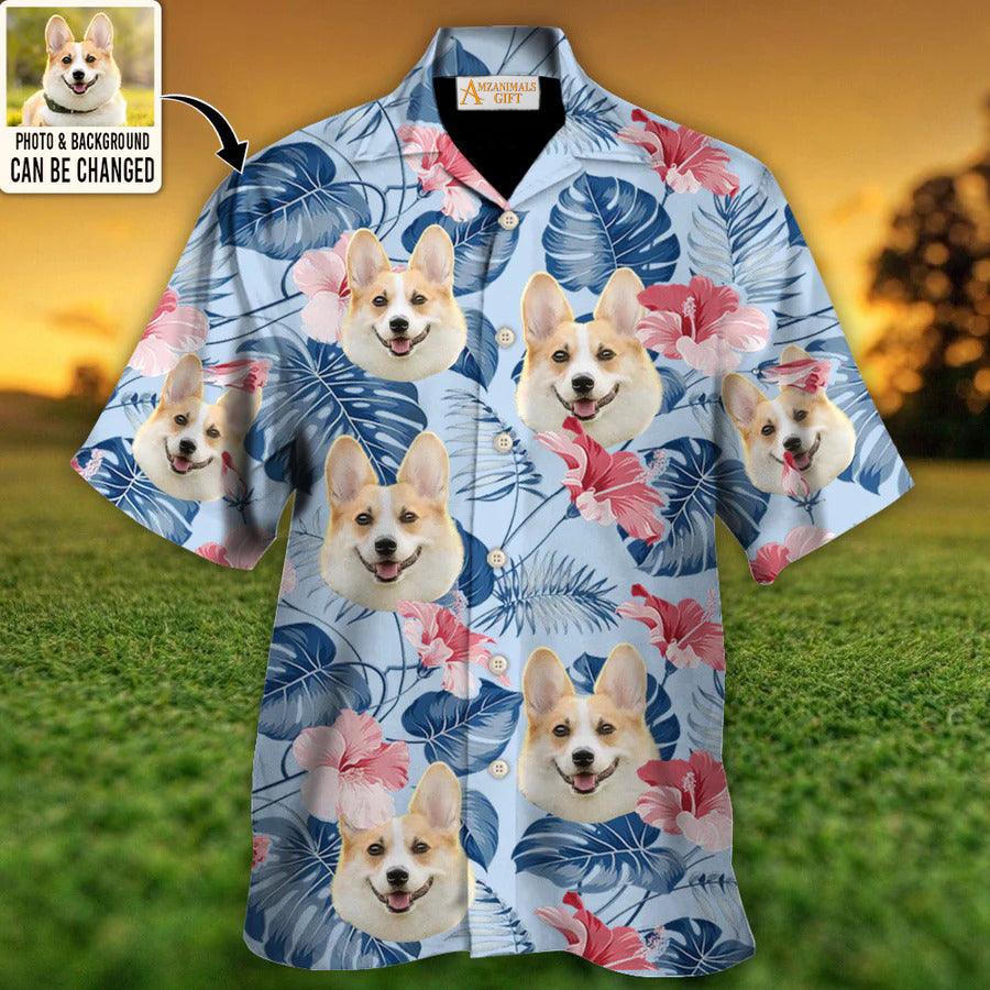 Corgi Face Custom Aloha Hawaii Shirt - Dog Custom Photo With Tropical Pattern Personalized Hawaiian Shirt - Perfect Gift For Dog Lovers, Friend, Family - Amzanimalsgift