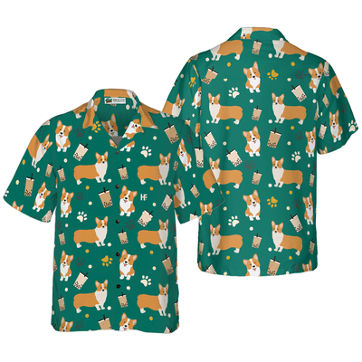 Corgi Hawaiian Shirt, Corgi And Boba Tea Aloha Shirt For Men - Perfect Gift For Corgi Lovers, Husband, Boyfriend, Friend, Family - Amzanimalsgift