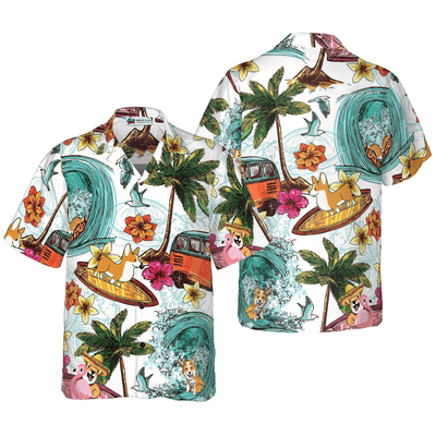 Corgi Hawaiian Shirt, Corgi On The Beach, Palm Tree Aloha Shirt For Men - Perfect Gift For Corgi Lovers, Husband, Boyfriend, Friend, Family - Amzanimalsgift