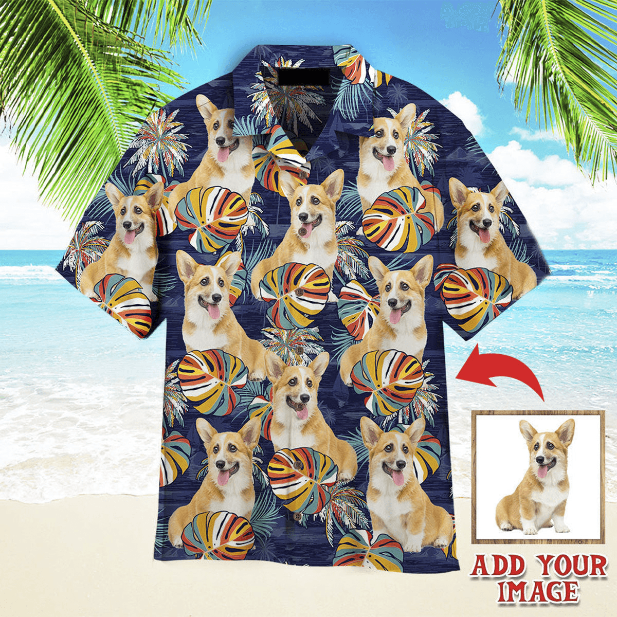 Corgi Hawaiian Shirt Custom Photo, Dog Corgi Puppy Palm Leaves Personalized Hawaiian Shirts - Perfect Gift Dog Lovers, Family, Friends - Amzanimalsgift