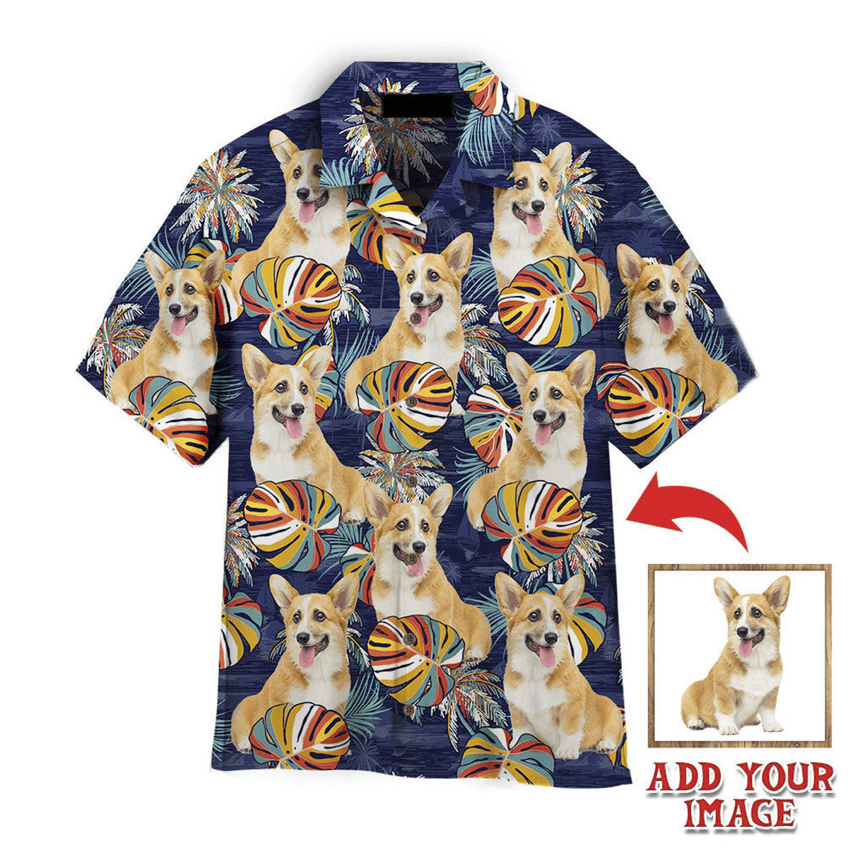 Corgi Hawaiian Shirt Custom Photo, Dog Corgi Puppy Palm Leaves Personalized Hawaiian Shirts - Perfect Gift Dog Lovers, Family, Friends - Amzanimalsgift