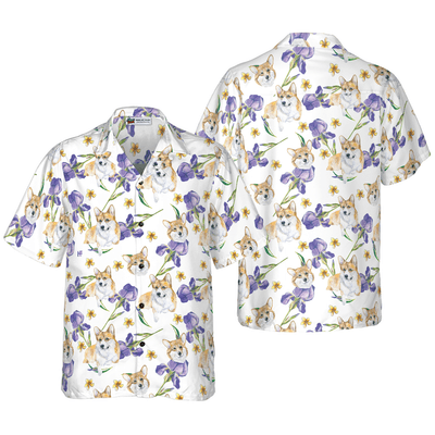 Corgi Hawaiian Shirt, Cute Corgi, Purple Flowers Aloha Shirt For Men - Perfect Gift For Corgi Lovers, Husband, Boyfriend, Friend, Family - Amzanimalsgift