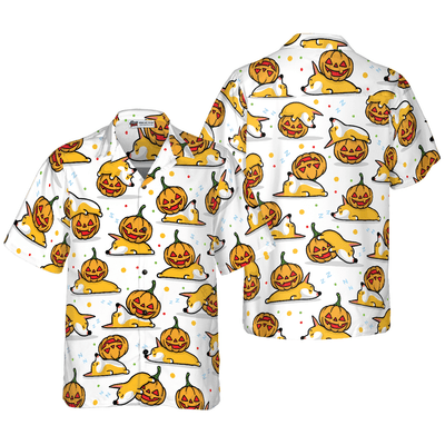Corgi Hawaiian Shirt, Halloween, Sleeping Corgi, Pumpkin Aloha Shirt For Men - Perfect Gift For Corgi Lovers, Husband, Boyfriend, Friend, Family - Amzanimalsgift