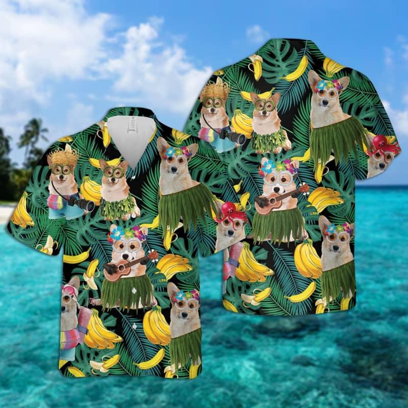 Corgi Hawaiian Shirt, Tropical Summer Leaves Hawaiian Shirt For Men - Perfect Gift For Corgi Lovers, Husband, Boyfriend, Friend, Family - Amzanimalsgift
