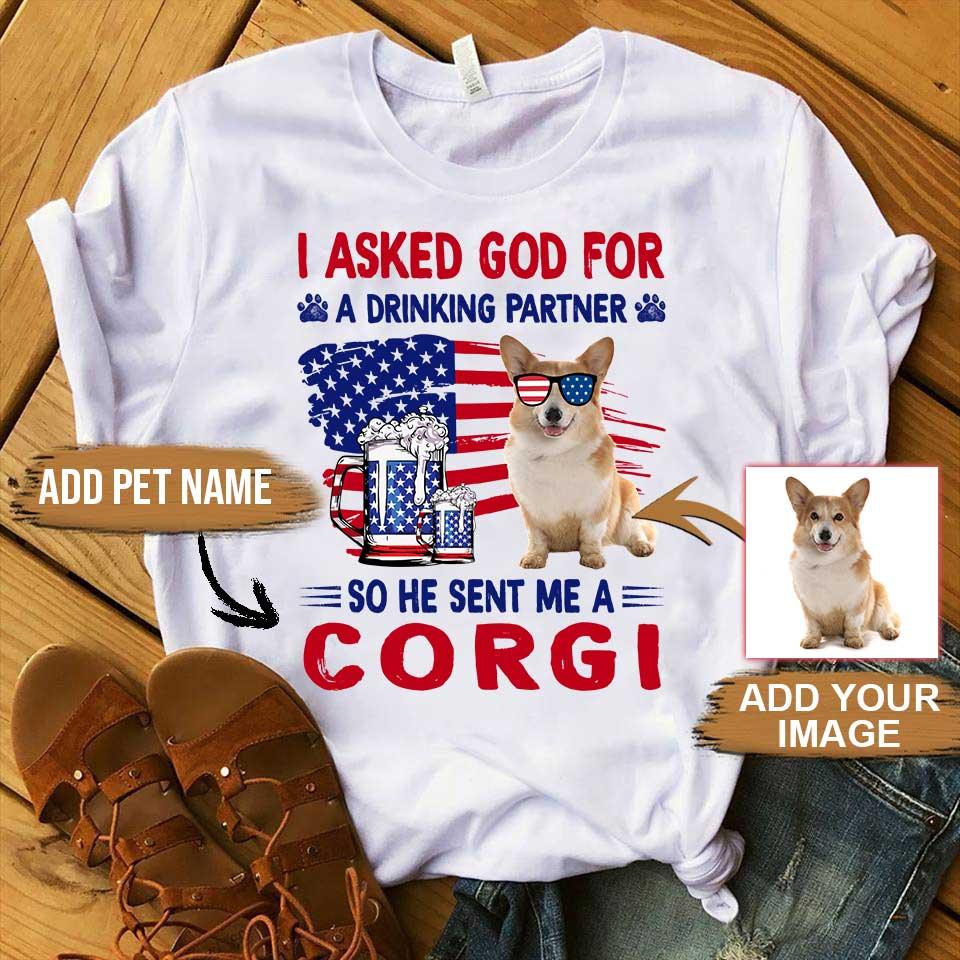 Corgi Unisex T Shirt Custom, Customize Name & Photo I Asked God For Corgi Personalized American Flag Unisex T Shirt - Gift For Dog Lovers, Family - Amzanimalsgift