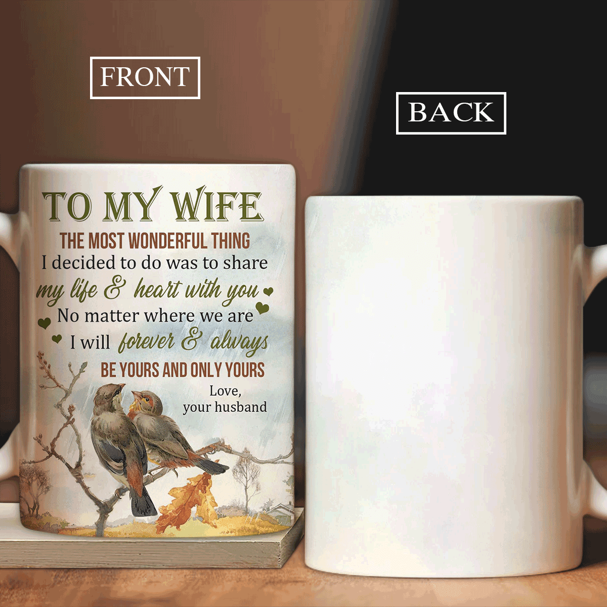Couple AOP Mug- To my wife, Brown sparrow, Autumn forest Mug - Gift for couple, lover - I will forever and always be yours and only yours - Family Mug - Amzanimalsgift