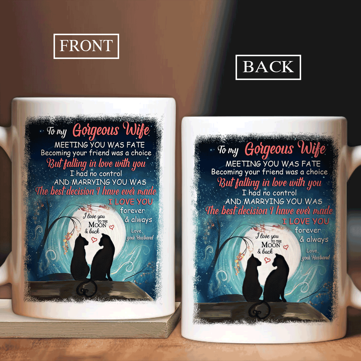 Couple Black Mug- To my wife, Black cat, Full moon- Gift for couple, lover- I love you to the moon and back - Black Mug - Amzanimalsgift